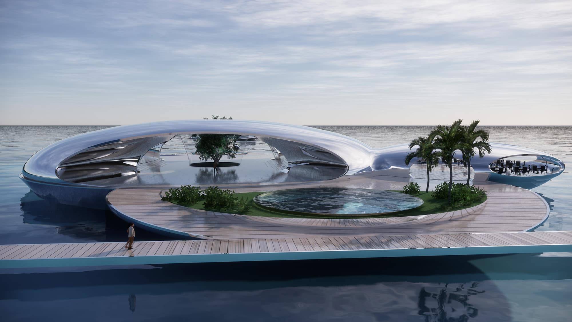 A modern house floating above the ocean, showcasing futuristic design and innovation